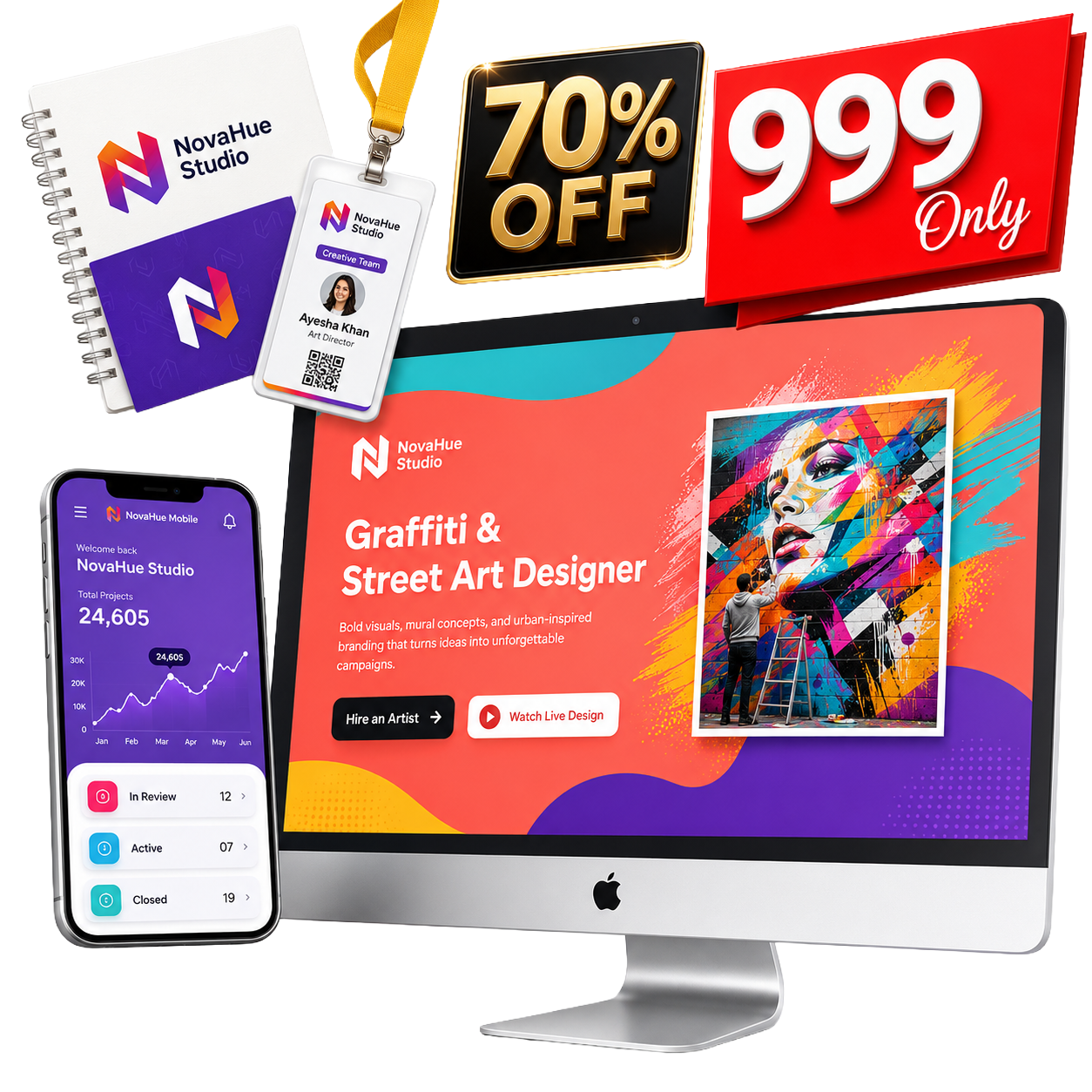 Combo mockup: desktop website, mobile dashboard, stationery, and promo graphics